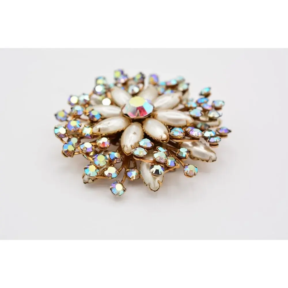 Vintage Crystal Flower Pin Brooch Aurora Borealis Rhinestone Prong 1980s BinAT
